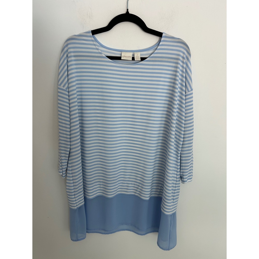 Chicos Striped Tunic Top Blue White Layered Hem 3/4 Sleeve Size 2 L Large Beach